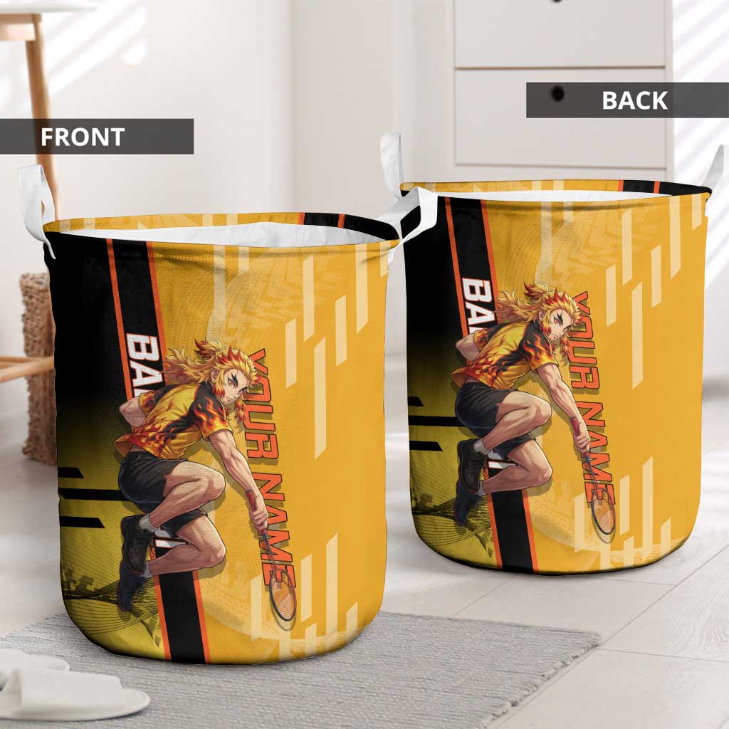 Personalized Rengoku Anime Badminton Theme Laundry Basket with Racket Action Pose and Fiery Yellow Black Graphic Design - The Mazicc