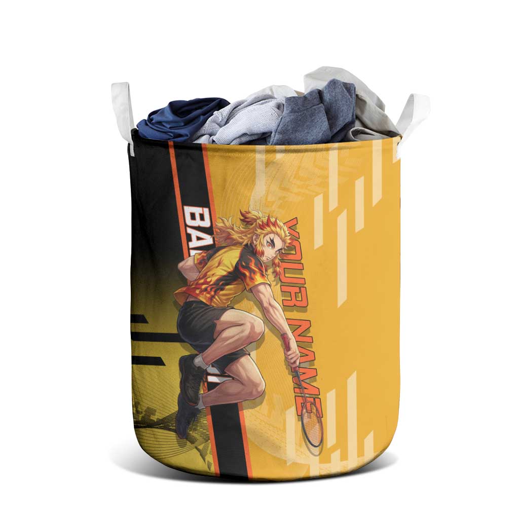 Personalized Rengoku Anime Badminton Theme Laundry Basket with Racket Action Pose and Fiery Yellow Black Graphic Design - The Mazicc