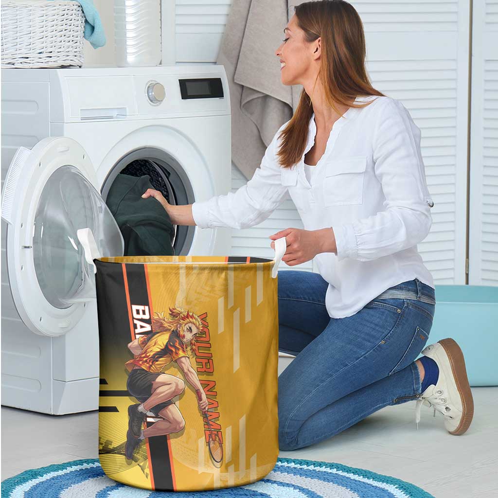Personalized Rengoku Anime Badminton Theme Laundry Basket with Racket Action Pose and Fiery Yellow Black Graphic Design - The Mazicc