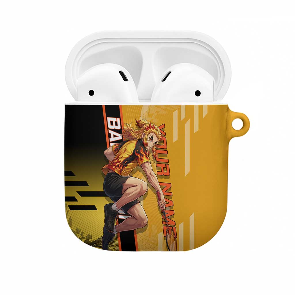 Personalized Rengoku Anime Badminton Theme AirPods Case with Racket Action Pose and Fiery Yellow Black Graphic Design - The Mazicc