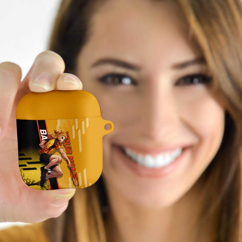 Personalized Rengoku Anime Badminton Theme AirPods Case with Racket Action Pose and Fiery Yellow Black Graphic Design - The Mazicc