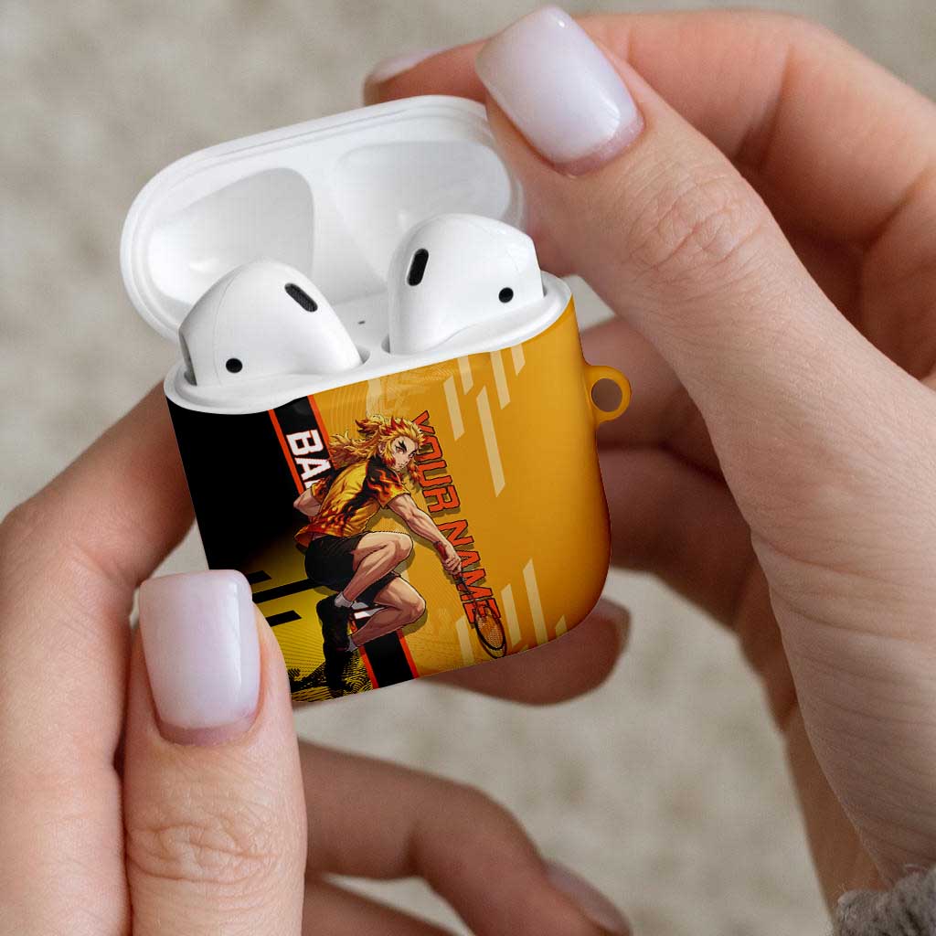 Personalized Rengoku Anime Badminton Theme AirPods Case with Racket Action Pose and Fiery Yellow Black Graphic Design - The Mazicc