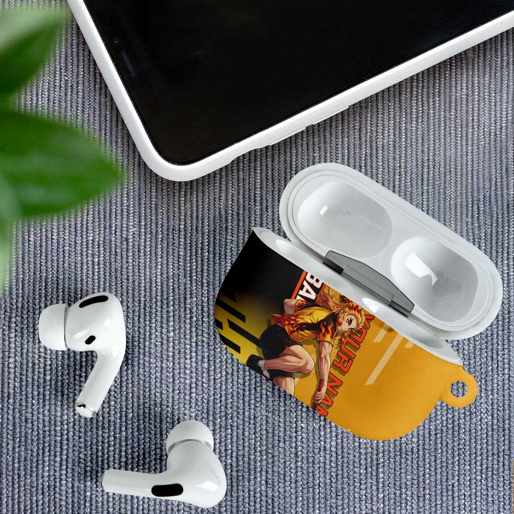 Personalized Rengoku Anime Badminton Theme AirPods Case with Racket Action Pose and Fiery Yellow Black Graphic Design - The Mazicc