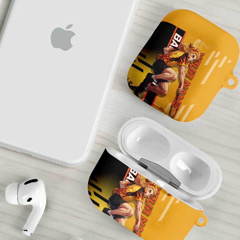 Personalized Rengoku Anime Badminton Theme AirPods Case with Racket Action Pose and Fiery Yellow Black Graphic Design - The Mazicc