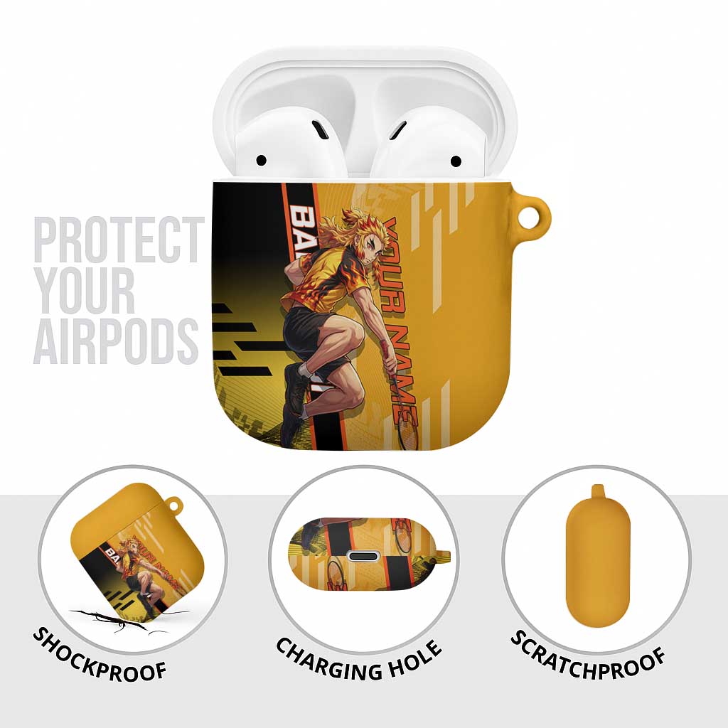 Personalized Rengoku Anime Badminton Theme AirPods Case with Racket Action Pose and Fiery Yellow Black Graphic Design - The Mazicc