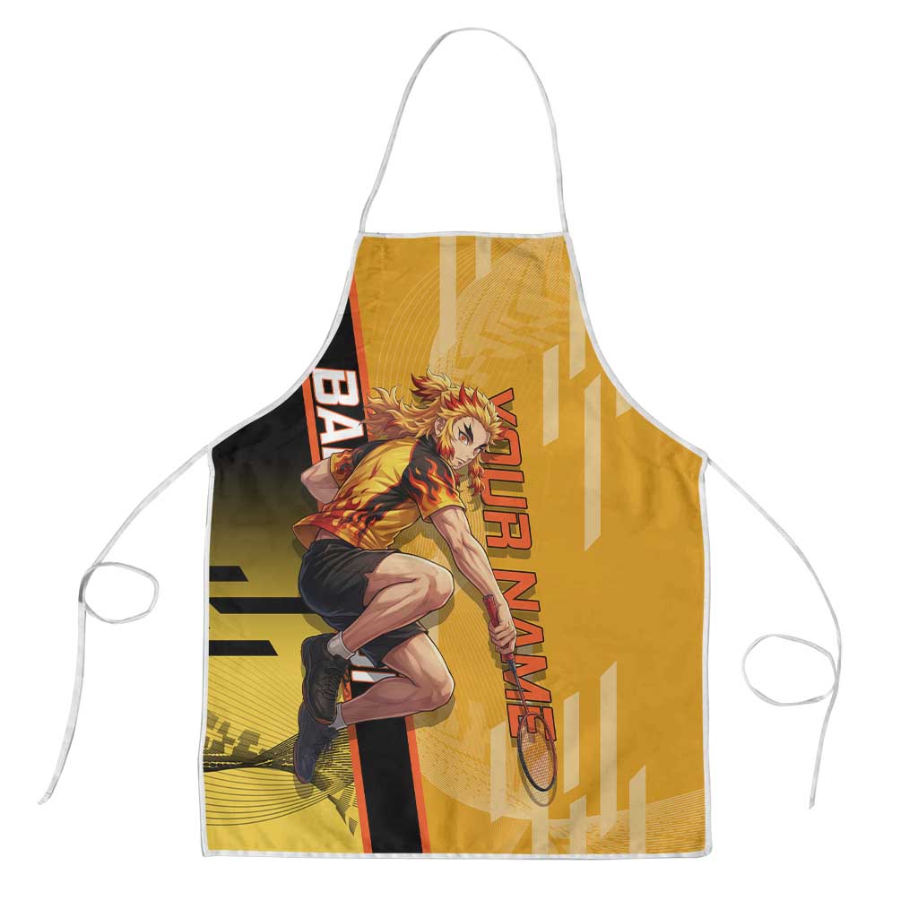 Personalized Rengoku Anime Badminton Theme Apron with Racket Action Pose and Fiery Yellow Black Graphic Design - The Mazicc