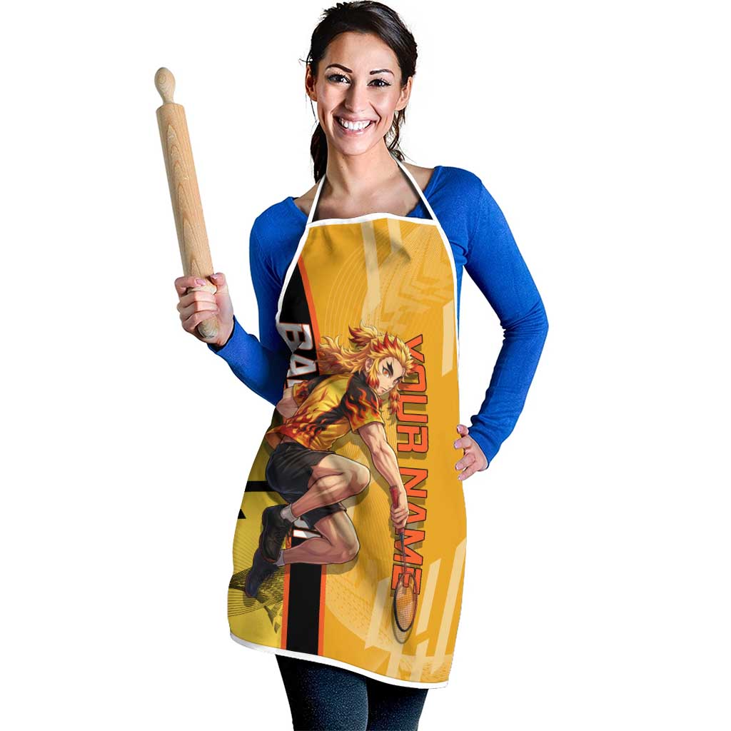 Personalized Rengoku Anime Badminton Theme Apron with Racket Action Pose and Fiery Yellow Black Graphic Design - The Mazicc
