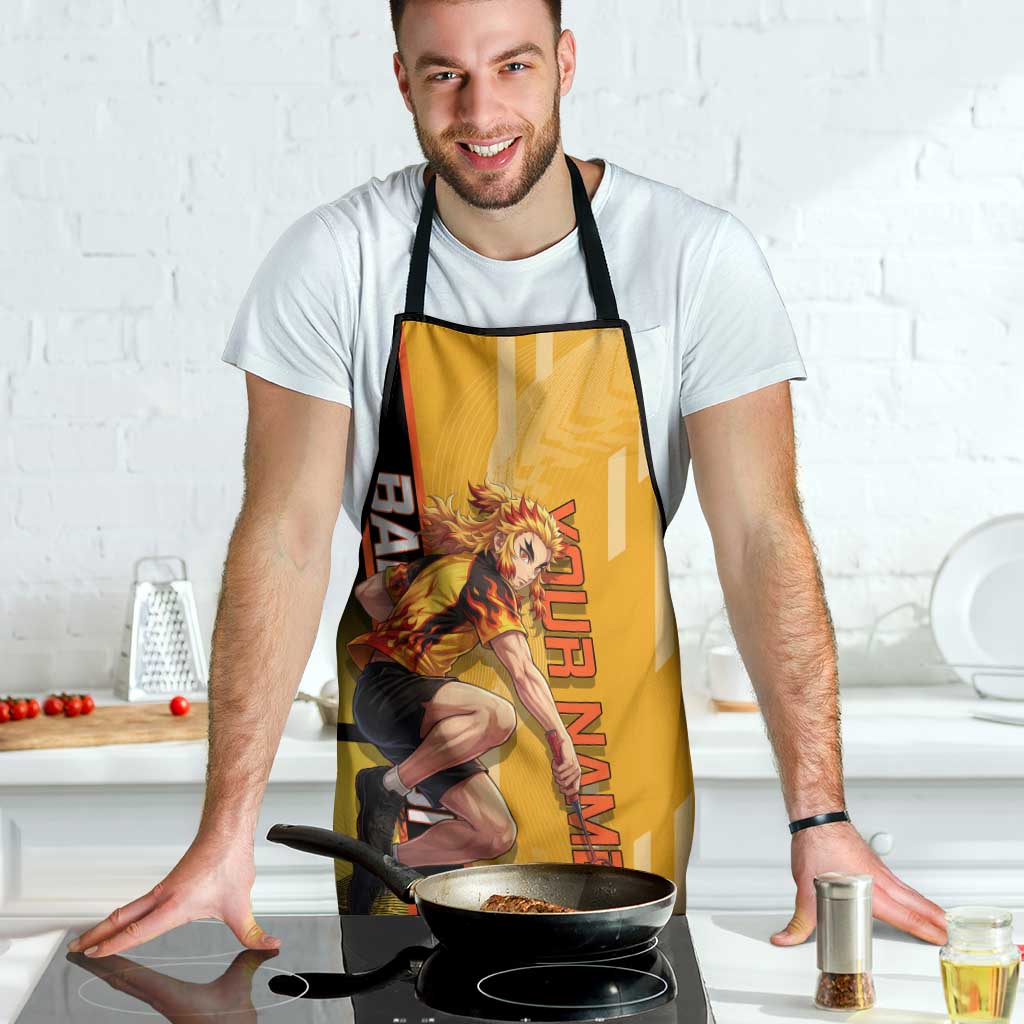 Personalized Rengoku Anime Badminton Theme Apron with Racket Action Pose and Fiery Yellow Black Graphic Design - The Mazicc
