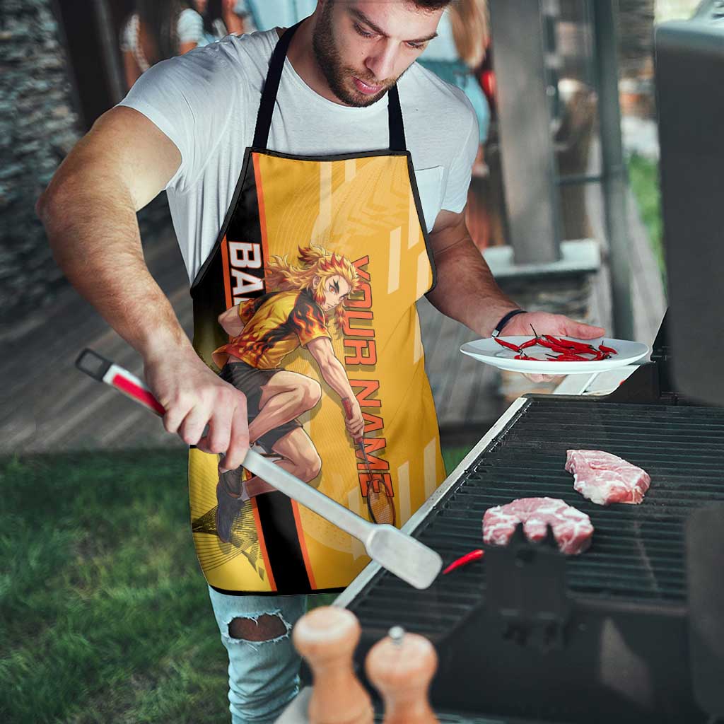 Personalized Rengoku Anime Badminton Theme Apron with Racket Action Pose and Fiery Yellow Black Graphic Design - The Mazicc