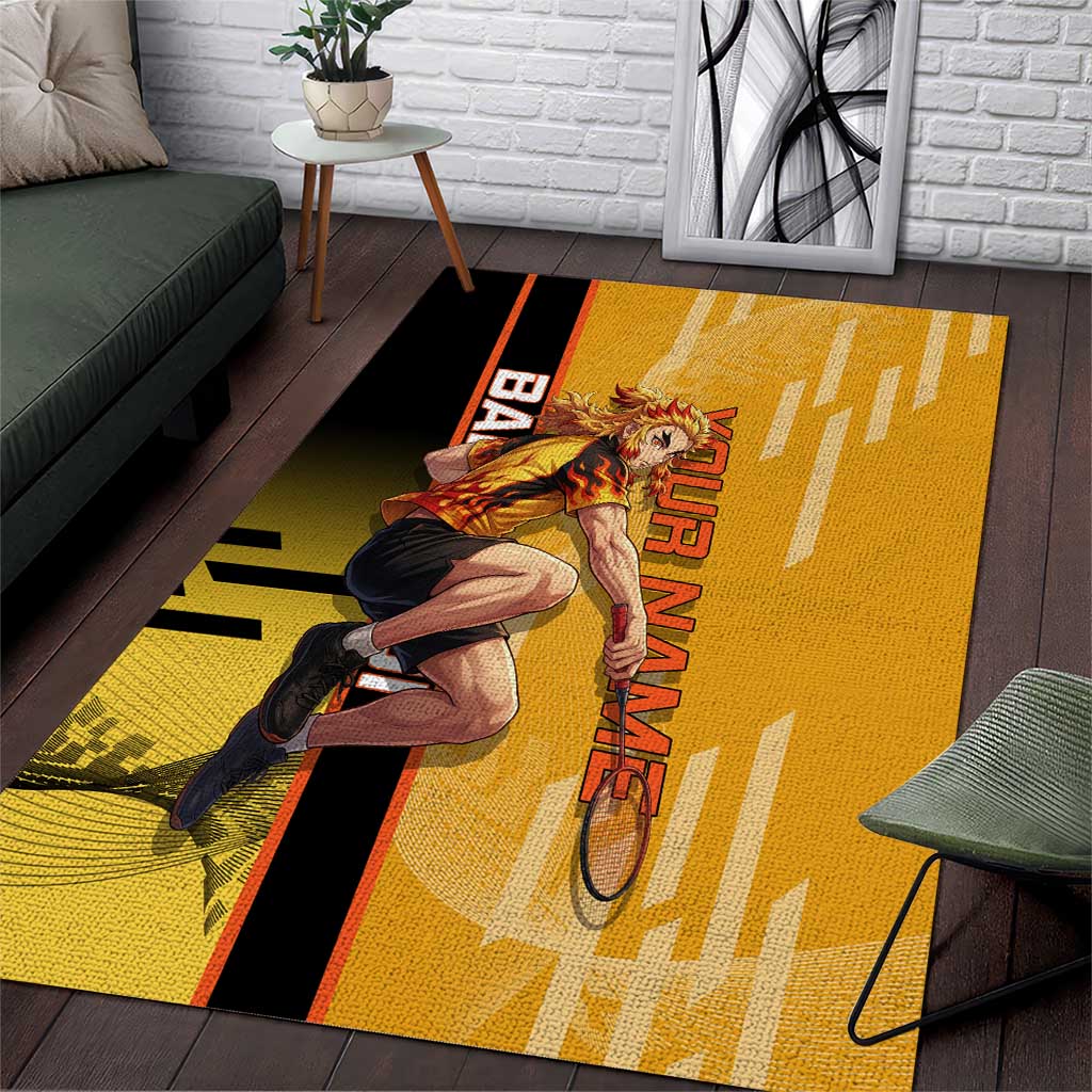 Personalized Rengoku Anime Badminton Theme Area Rug with Racket Action Pose and Fiery Yellow Black Graphic Design - The Mazicc