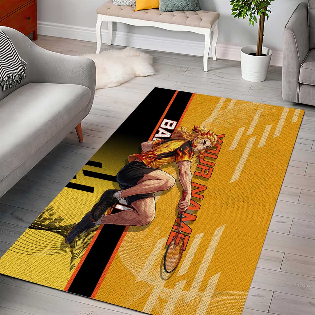 Personalized Rengoku Anime Badminton Theme Area Rug with Racket Action Pose and Fiery Yellow Black Graphic Design - The Mazicc