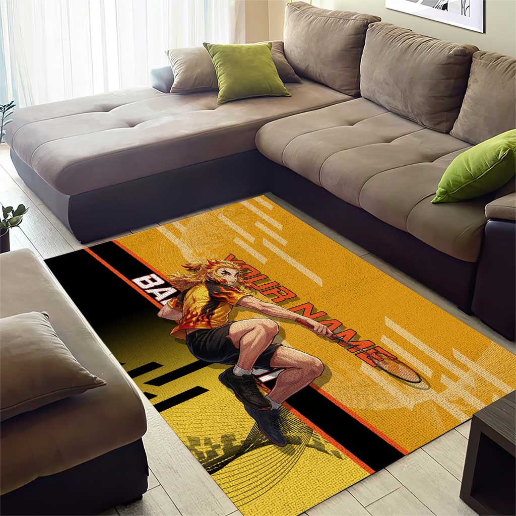 Personalized Rengoku Anime Badminton Theme Area Rug with Racket Action Pose and Fiery Yellow Black Graphic Design - The Mazicc