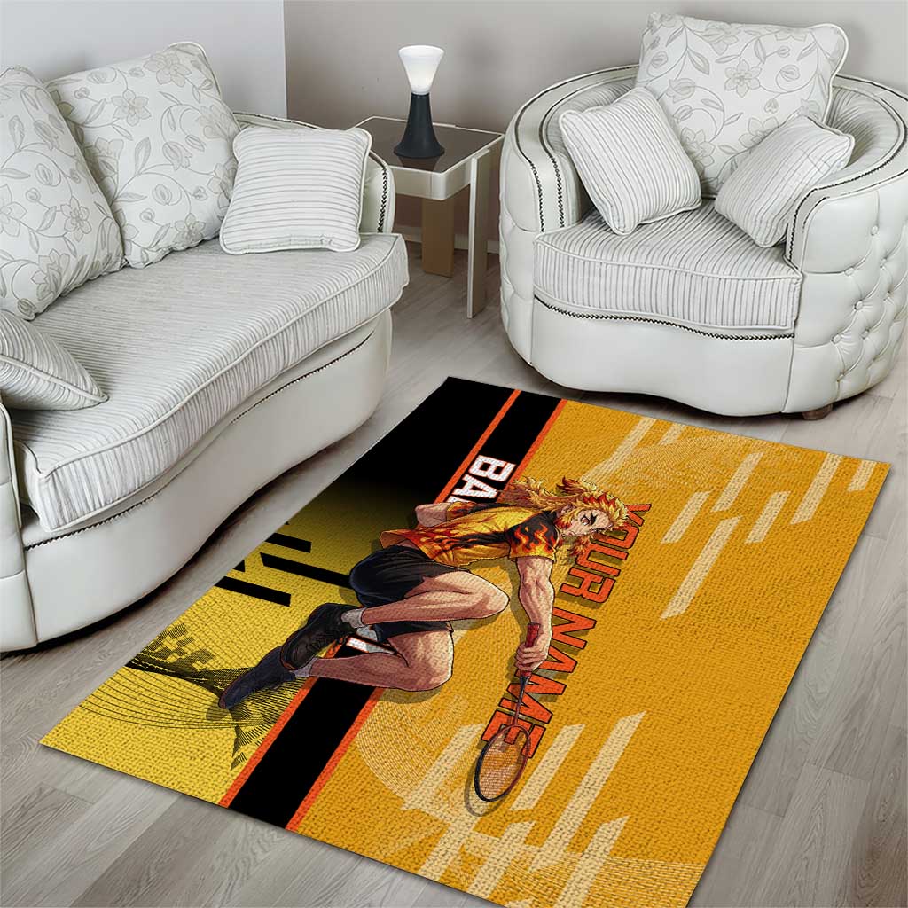 Personalized Rengoku Anime Badminton Theme Area Rug with Racket Action Pose and Fiery Yellow Black Graphic Design - The Mazicc