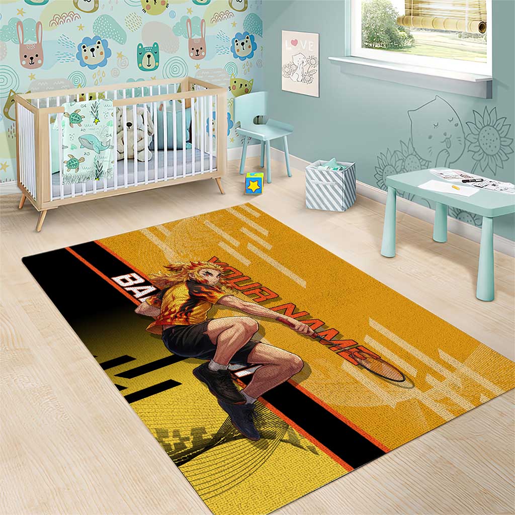Personalized Rengoku Anime Badminton Theme Area Rug with Racket Action Pose and Fiery Yellow Black Graphic Design - The Mazicc