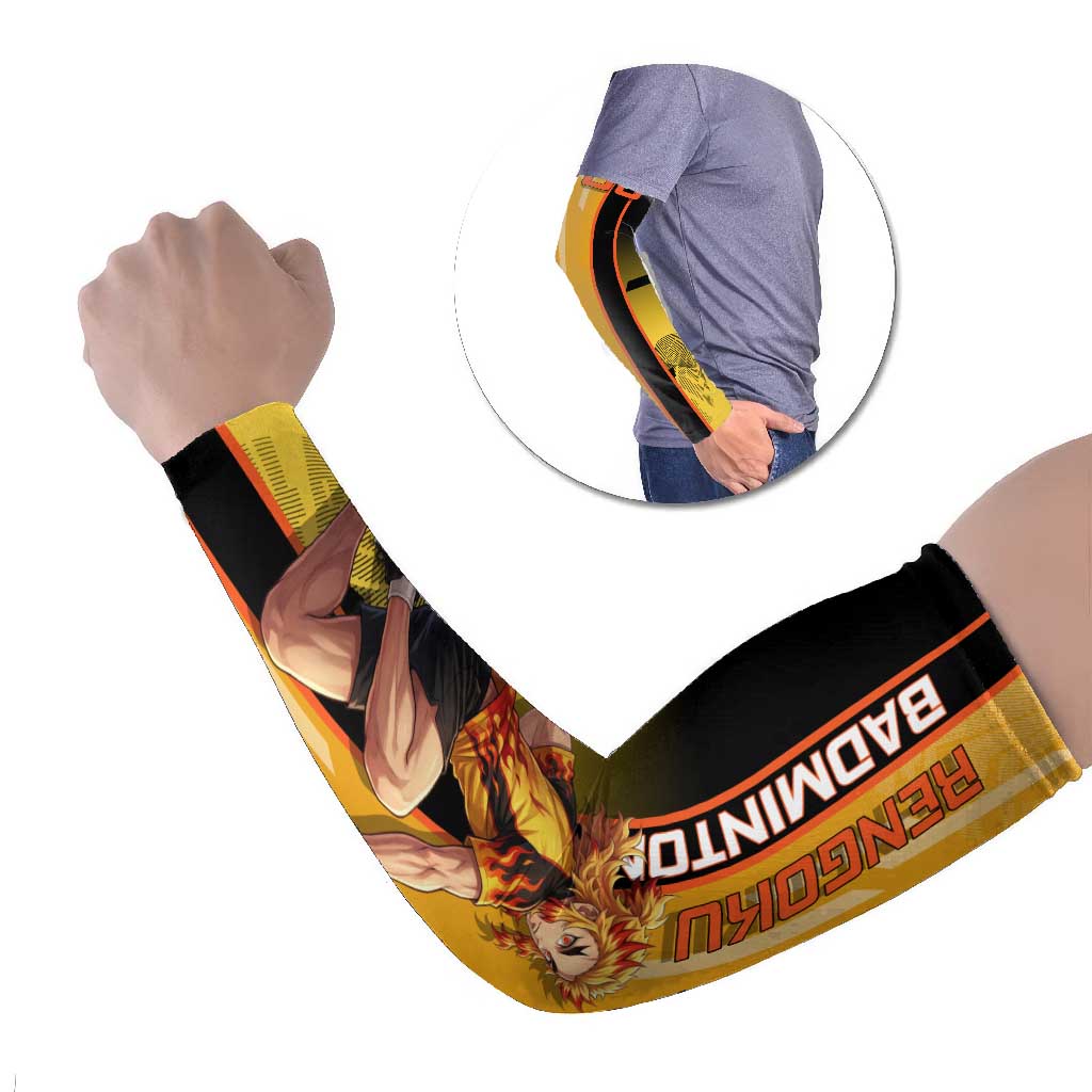 Personalized Rengoku Anime Badminton Theme Arm Sleeves with Racket Action Pose and Fiery Yellow Black Graphic Design - The Mazicc