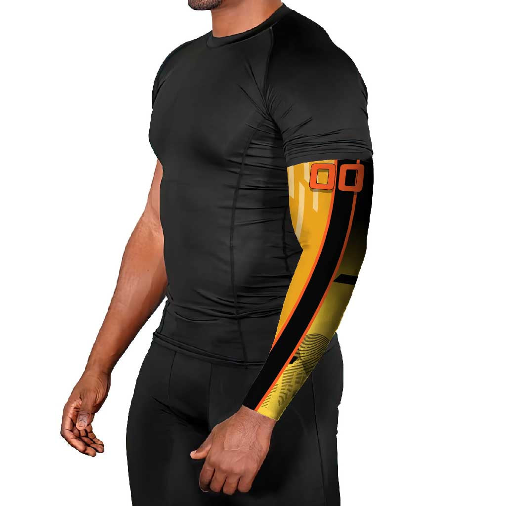 Personalized Rengoku Anime Badminton Theme Arm Sleeves with Racket Action Pose and Fiery Yellow Black Graphic Design - The Mazicc