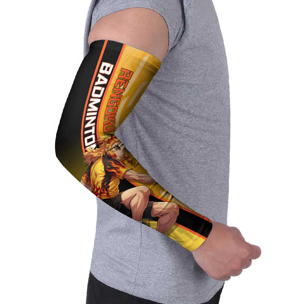 Personalized Rengoku Anime Badminton Theme Arm Sleeves with Racket Action Pose and Fiery Yellow Black Graphic Design - The Mazicc