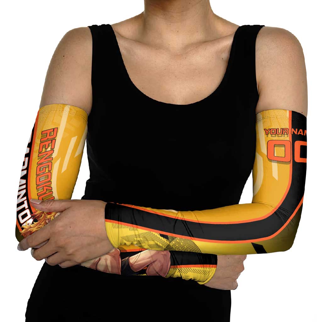 Personalized Rengoku Anime Badminton Theme Arm Sleeves with Racket Action Pose and Fiery Yellow Black Graphic Design - The Mazicc