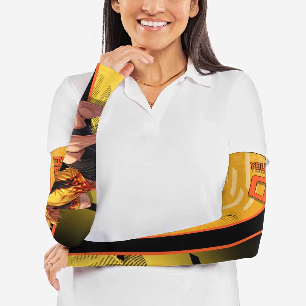 Personalized Rengoku Anime Badminton Theme Arm Sleeves with Racket Action Pose and Fiery Yellow Black Graphic Design - The Mazicc