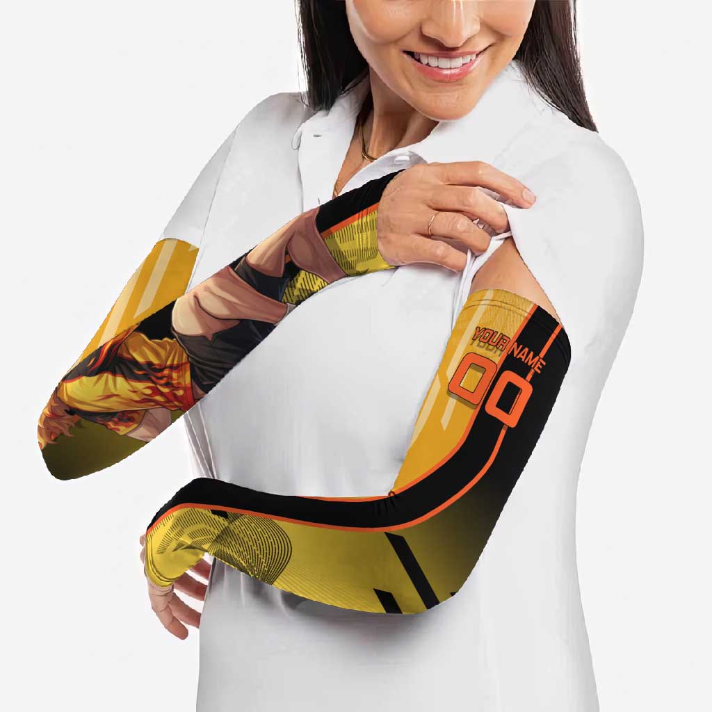 Personalized Rengoku Anime Badminton Theme Arm Sleeves with Racket Action Pose and Fiery Yellow Black Graphic Design - The Mazicc