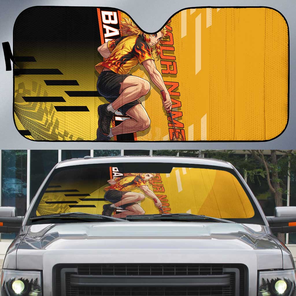 Personalized Rengoku Anime Badminton Theme Auto Sun Shade with Racket Action Pose and Fiery Yellow Black Graphic Design - The Mazicc
