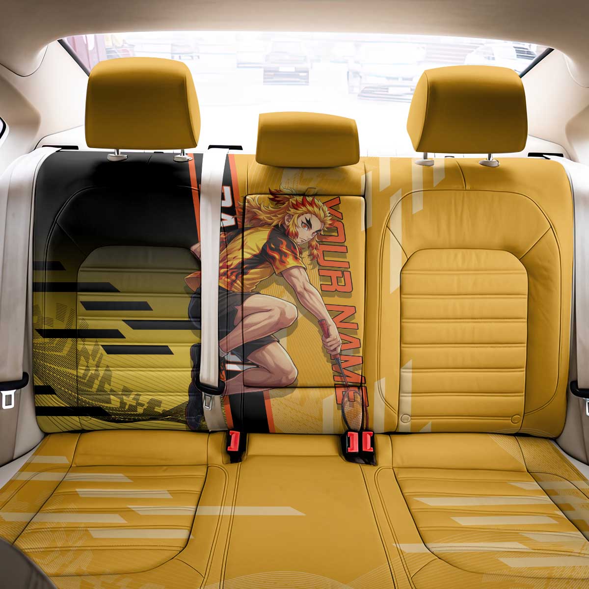 Personalized Rengoku Anime Badminton Theme Back Car Seat Cover with Racket Action Pose and Fiery Yellow Black Graphic Design - The Mazicc