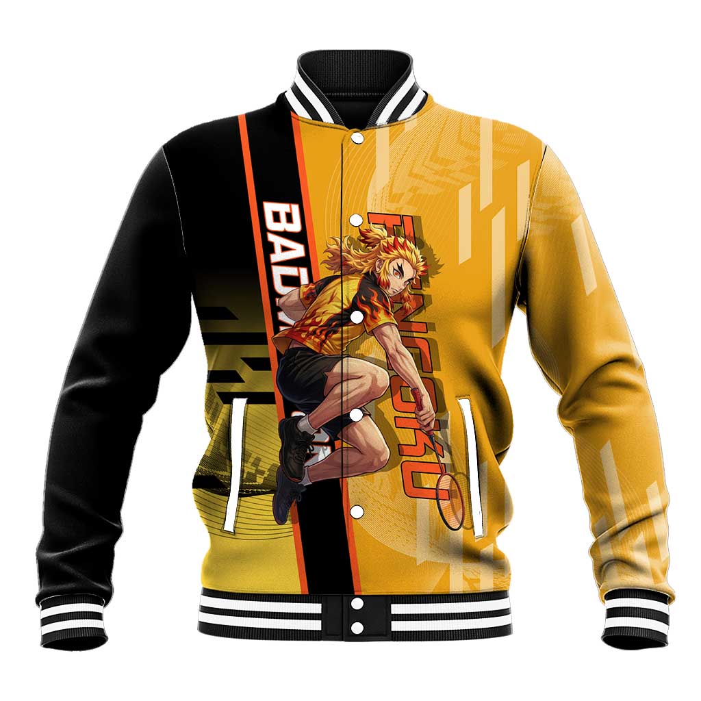 Personalized Rengoku Anime Badminton Theme Baseball Jacket with Racket Action Pose and Fiery Yellow Black Graphic Design - The Mazicc