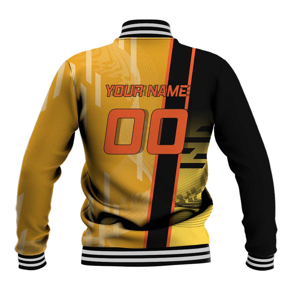Personalized Rengoku Anime Badminton Theme Baseball Jacket with Racket Action Pose and Fiery Yellow Black Graphic Design - The Mazicc