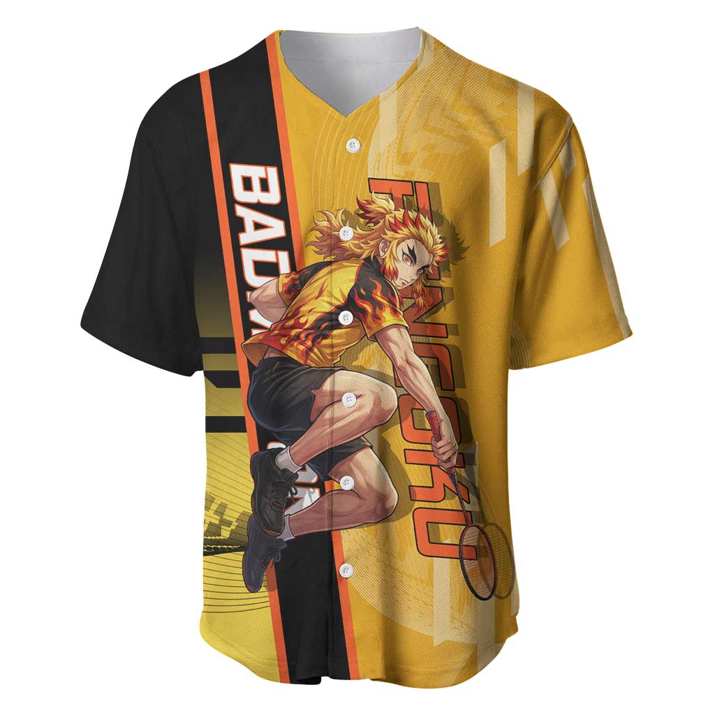 Personalized Rengoku Anime Badminton Theme Baseball Jersey with Racket Action Pose and Fiery Yellow Black Graphic Design - The Mazicc