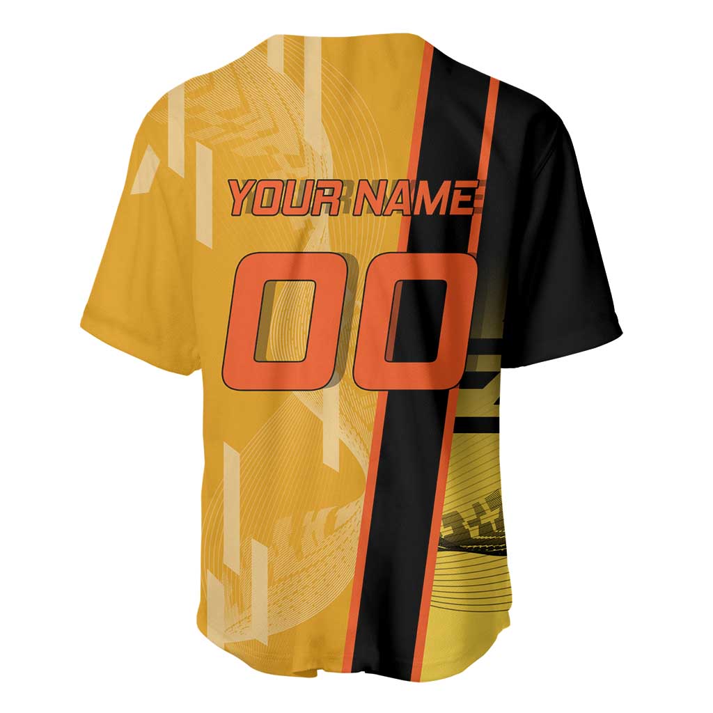 Personalized Rengoku Anime Badminton Theme Baseball Jersey with Racket Action Pose and Fiery Yellow Black Graphic Design - The Mazicc