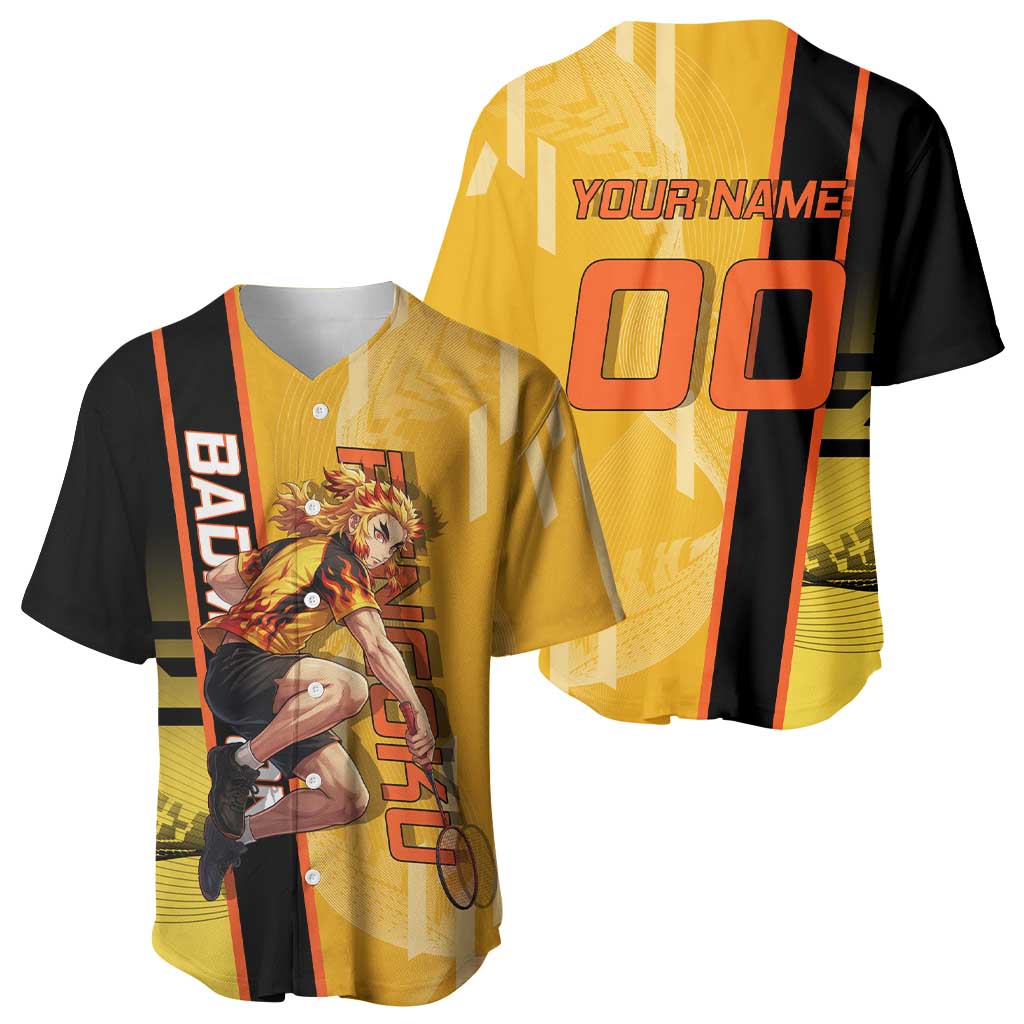 Personalized Rengoku Anime Badminton Theme Baseball Jersey with Racket Action Pose and Fiery Yellow Black Graphic Design - The Mazicc