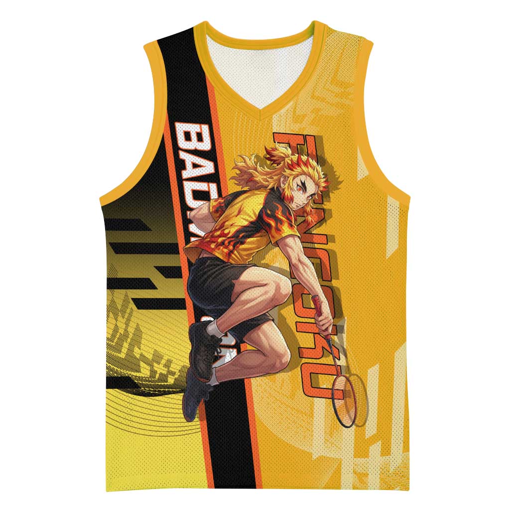 Personalized Rengoku Anime Badminton Theme Basketball Jersey with Racket Action Pose and Fiery Yellow Black Graphic Design - The Mazicc