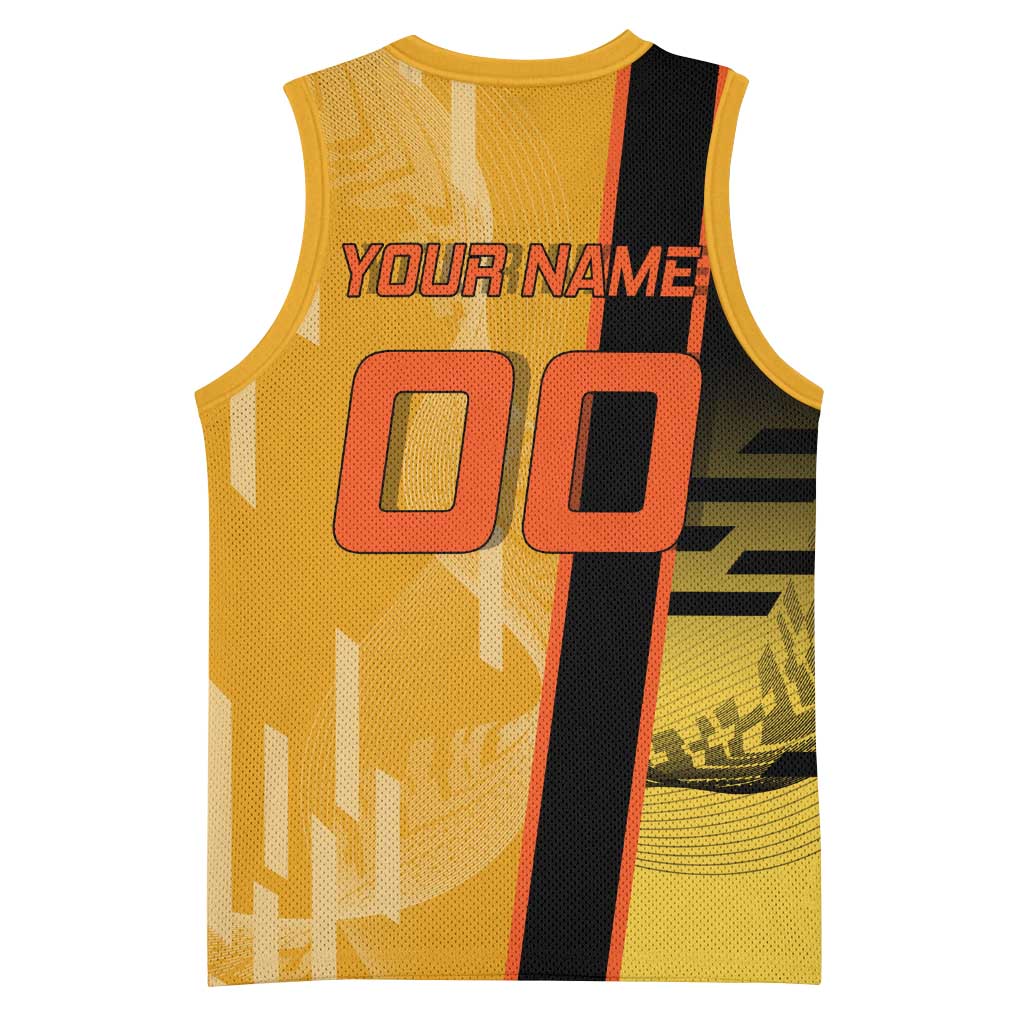Personalized Rengoku Anime Badminton Theme Basketball Jersey with Racket Action Pose and Fiery Yellow Black Graphic Design - The Mazicc