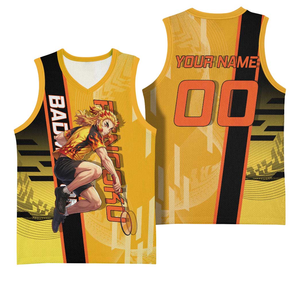 Personalized Rengoku Anime Badminton Theme Basketball Jersey with Racket Action Pose and Fiery Yellow Black Graphic Design - The Mazicc