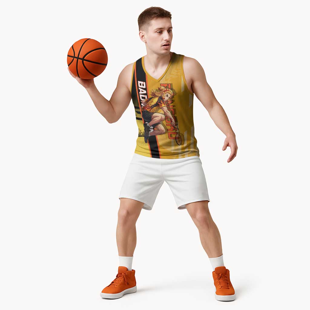 Personalized Rengoku Anime Badminton Theme Basketball Jersey with Racket Action Pose and Fiery Yellow Black Graphic Design - The Mazicc