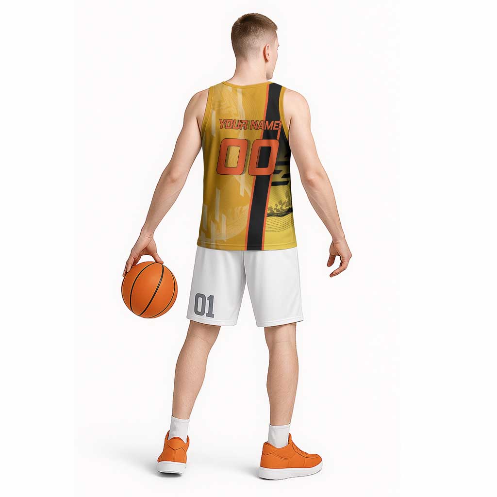 Personalized Rengoku Anime Badminton Theme Basketball Jersey with Racket Action Pose and Fiery Yellow Black Graphic Design - The Mazicc