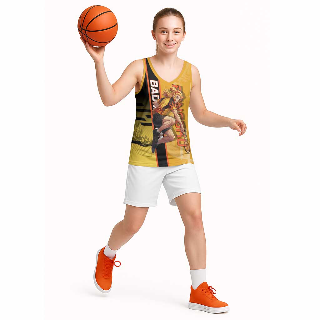 Personalized Rengoku Anime Badminton Theme Basketball Jersey with Racket Action Pose and Fiery Yellow Black Graphic Design - The Mazicc