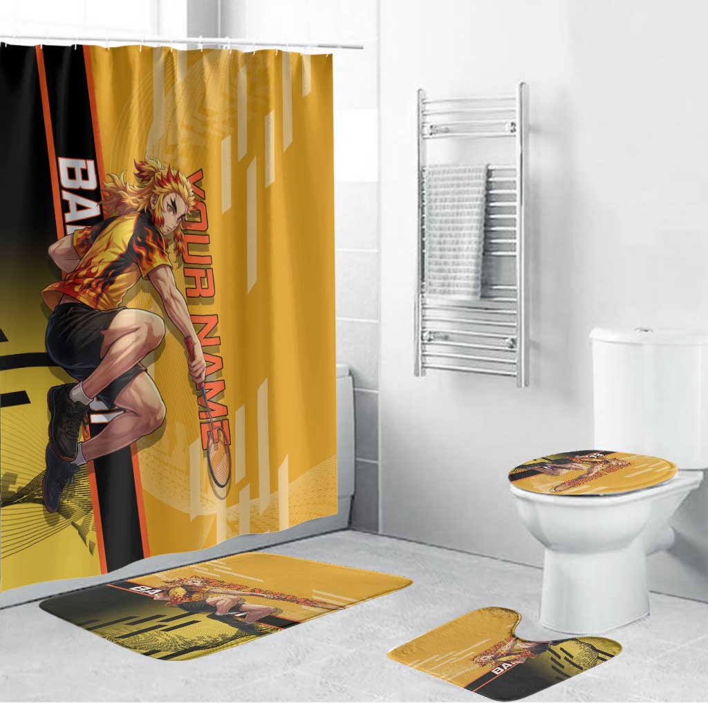 Personalized Rengoku Anime Badminton Theme Bathroom Set with Racket Action Pose and Fiery Yellow Black Graphic Design - The Mazicc