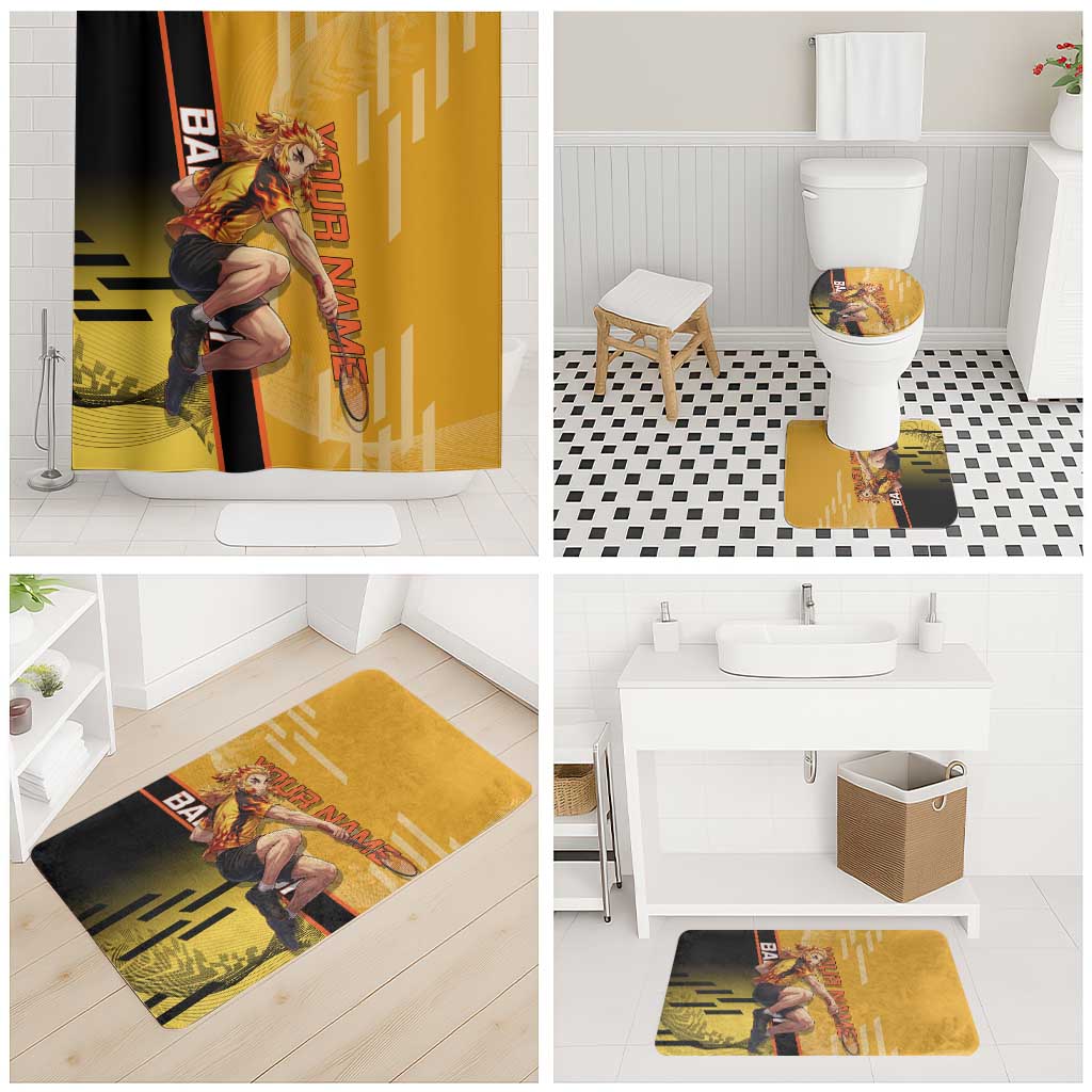 Personalized Rengoku Anime Badminton Theme Bathroom Set with Racket Action Pose and Fiery Yellow Black Graphic Design - The Mazicc
