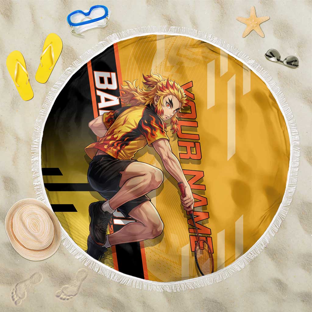 Personalized Rengoku Anime Badminton Theme Beach Blanket with Racket Action Pose and Fiery Yellow Black Graphic Design - The Mazicc