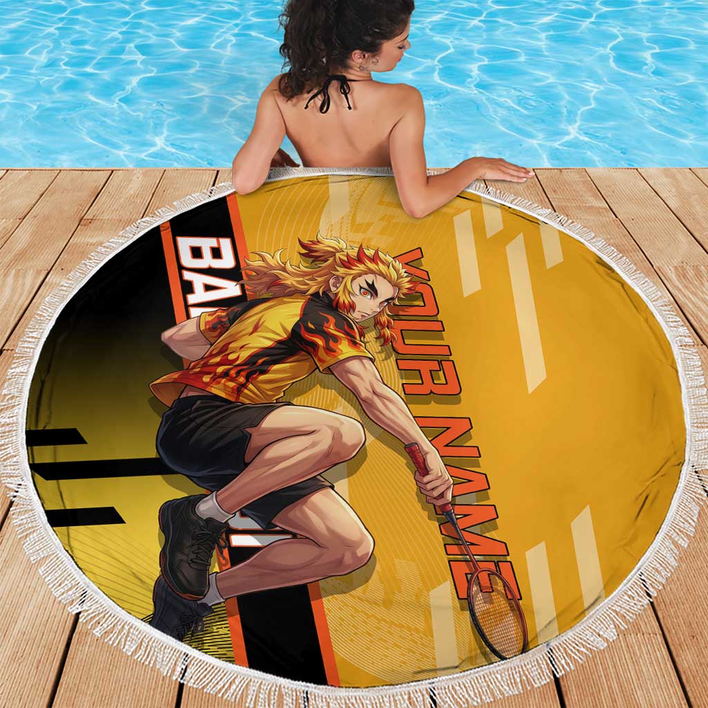 Personalized Rengoku Anime Badminton Theme Beach Blanket with Racket Action Pose and Fiery Yellow Black Graphic Design - The Mazicc