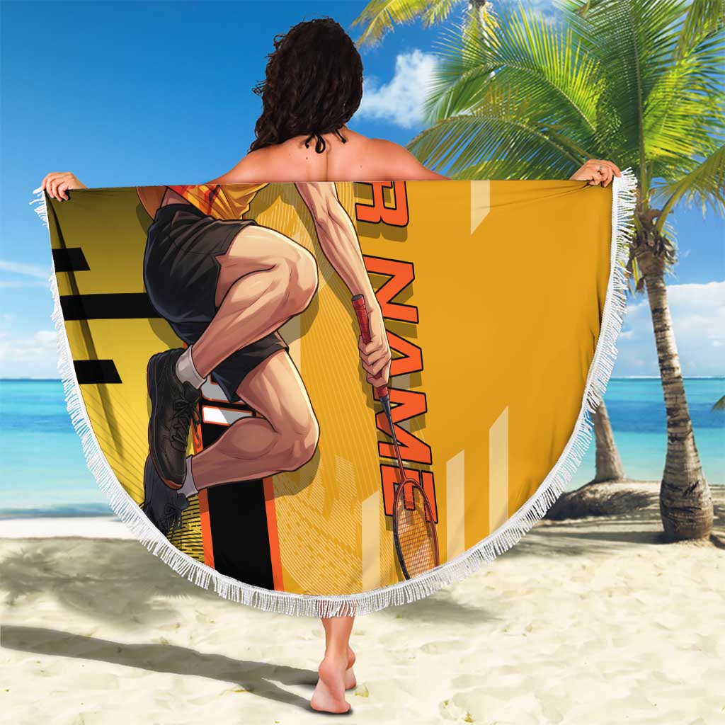 Personalized Rengoku Anime Badminton Theme Beach Blanket with Racket Action Pose and Fiery Yellow Black Graphic Design - The Mazicc