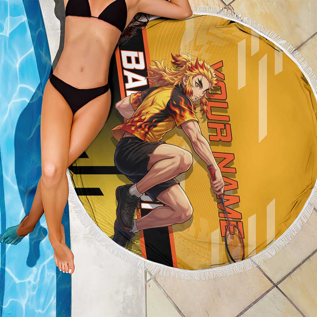 Personalized Rengoku Anime Badminton Theme Beach Blanket with Racket Action Pose and Fiery Yellow Black Graphic Design - The Mazicc