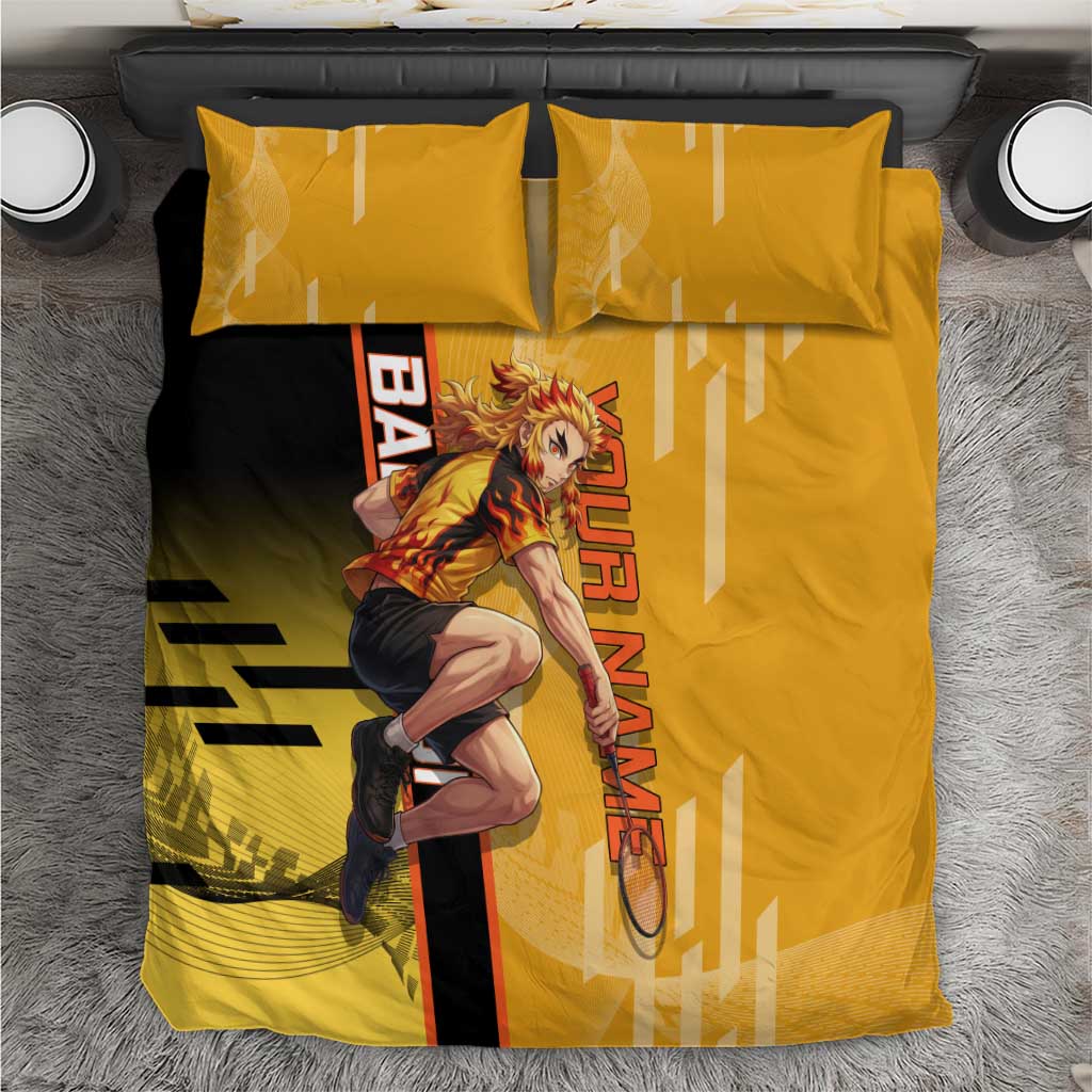 Personalized Rengoku Anime Badminton Theme Bedding Set with Racket Action Pose and Fiery Yellow Black Graphic Design - The Mazicc