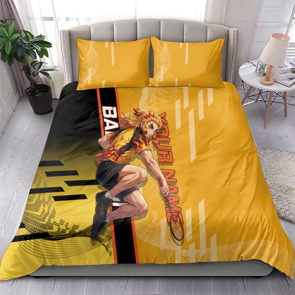 Personalized Rengoku Anime Badminton Theme Bedding Set with Racket Action Pose and Fiery Yellow Black Graphic Design - The Mazicc
