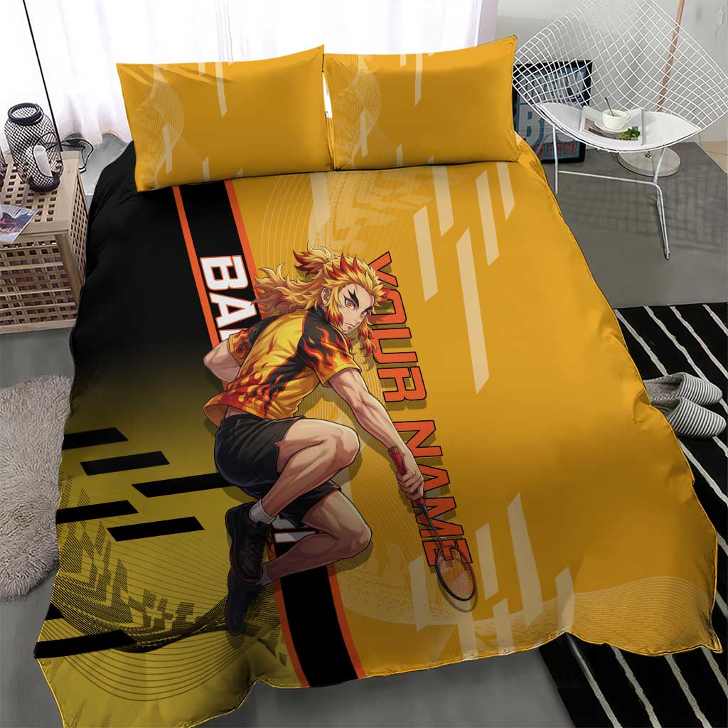 Personalized Rengoku Anime Badminton Theme Bedding Set with Racket Action Pose and Fiery Yellow Black Graphic Design - The Mazicc