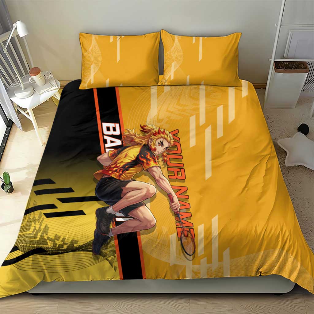 Personalized Rengoku Anime Badminton Theme Bedding Set with Racket Action Pose and Fiery Yellow Black Graphic Design - The Mazicc