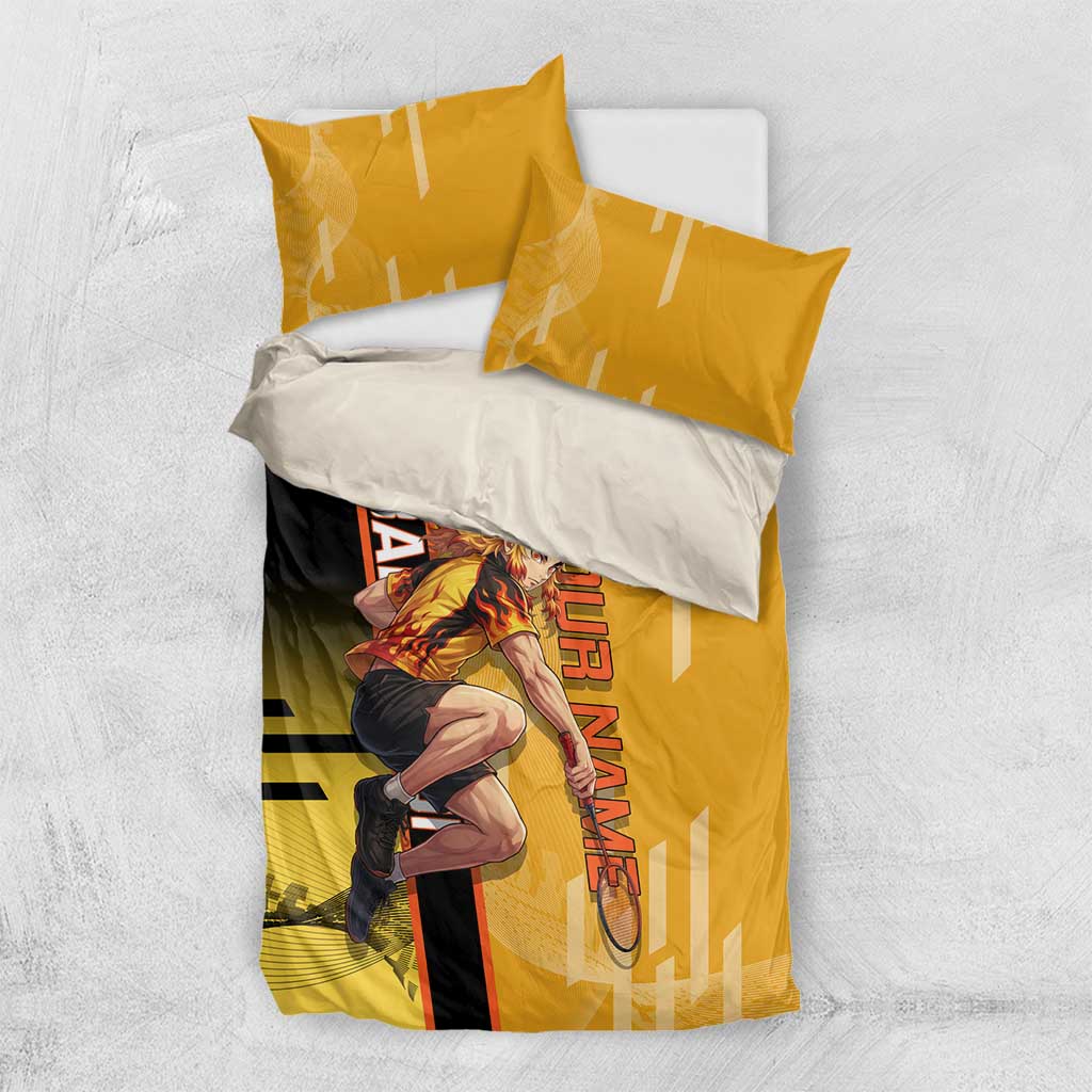 Personalized Rengoku Anime Badminton Theme Bedding Set with Racket Action Pose and Fiery Yellow Black Graphic Design - The Mazicc