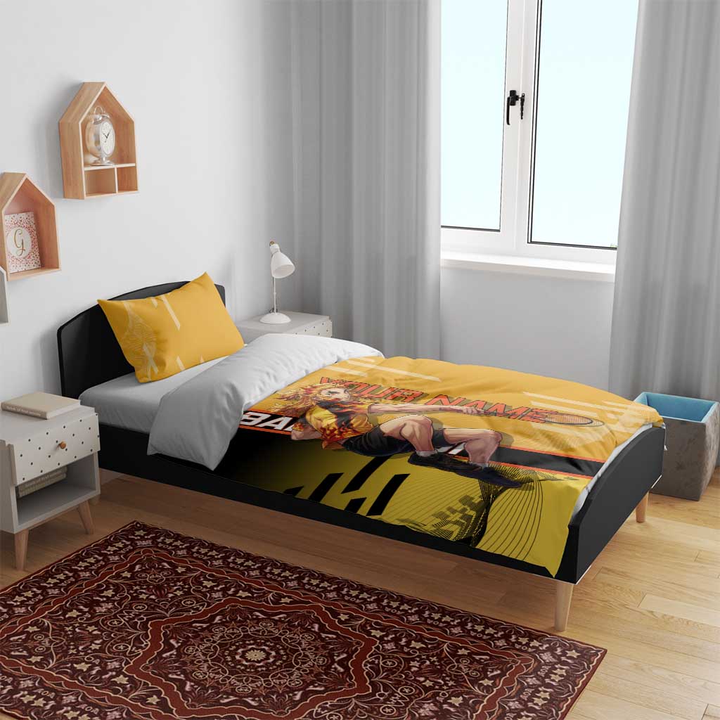 Personalized Rengoku Anime Badminton Theme Bedding Set with Racket Action Pose and Fiery Yellow Black Graphic Design - The Mazicc