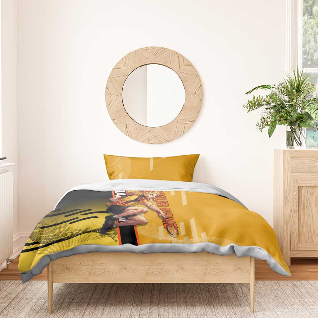 Personalized Rengoku Anime Badminton Theme Bedding Set with Racket Action Pose and Fiery Yellow Black Graphic Design - The Mazicc